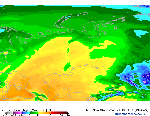 Temperature High (2m) GFS Mo 30.09.2024 00 UTC