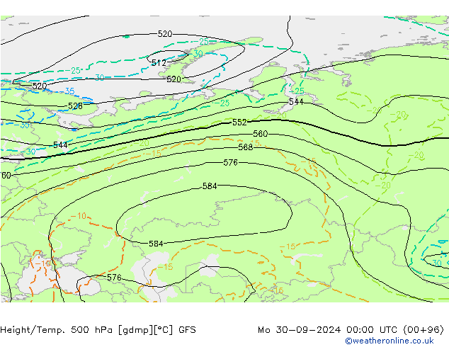 Z500/Rain (+SLP)/Z850 GFS lun 30.09.2024 00 UTC