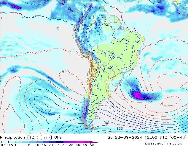 Totale neerslag (12h) GFS za 28.09.2024 00 UTC