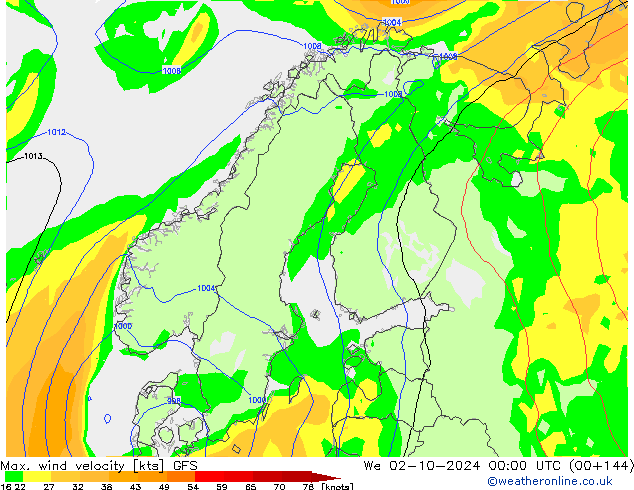 Max. wind velocity GFS We 02.10.2024 00 UTC