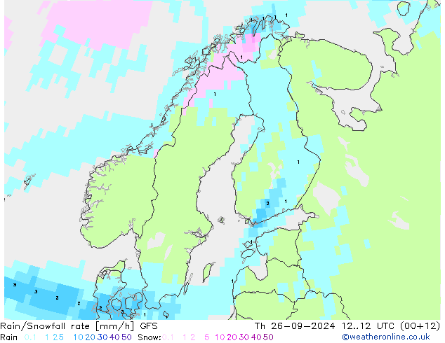 Rain/Snowfall rate GFS gio 26.09.2024 12 UTC