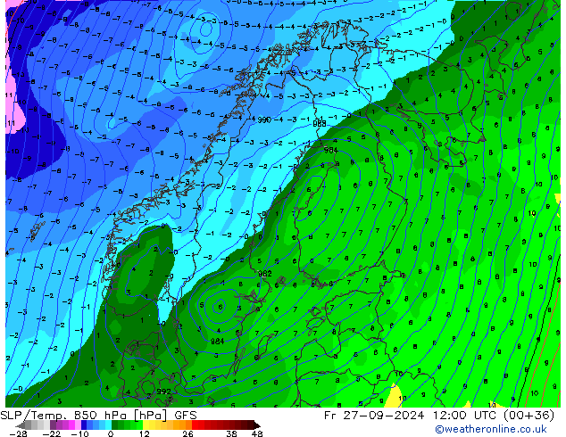 SLP/Temp. 850 hPa GFS pt. 27.09.2024 12 UTC