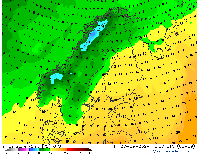 Temperatura (2m) GFS Sex 27.09.2024 15 UTC