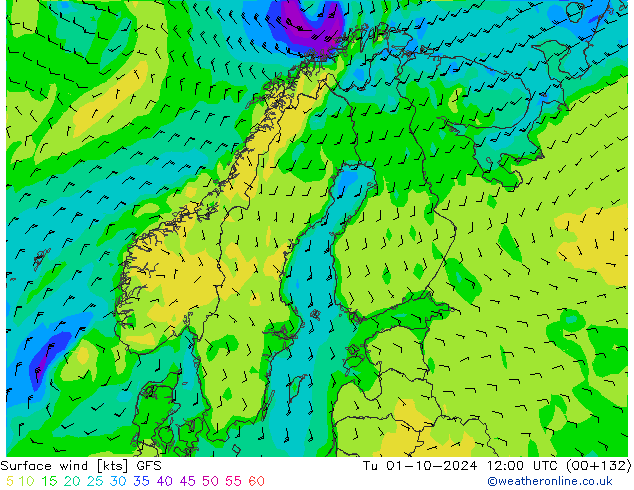 Vento 10 m GFS Ter 01.10.2024 12 UTC