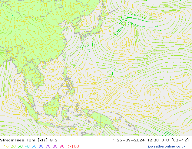 Streamlines 10m GFS Čt 26.09.2024 12 UTC