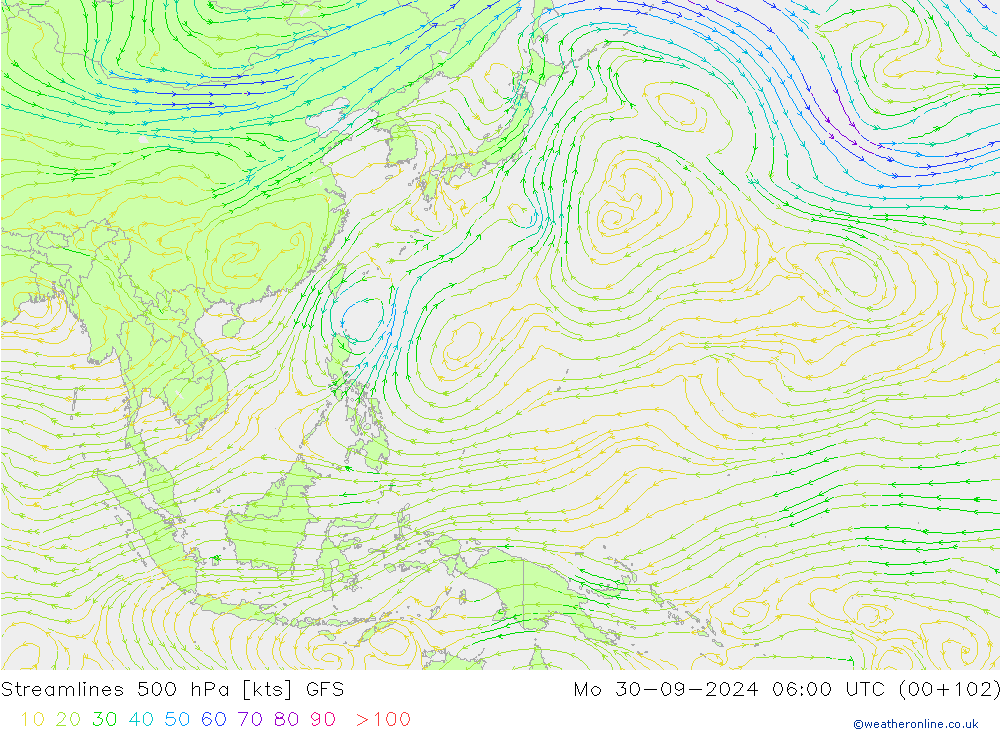 Línea de corriente 500 hPa GFS lun 30.09.2024 06 UTC