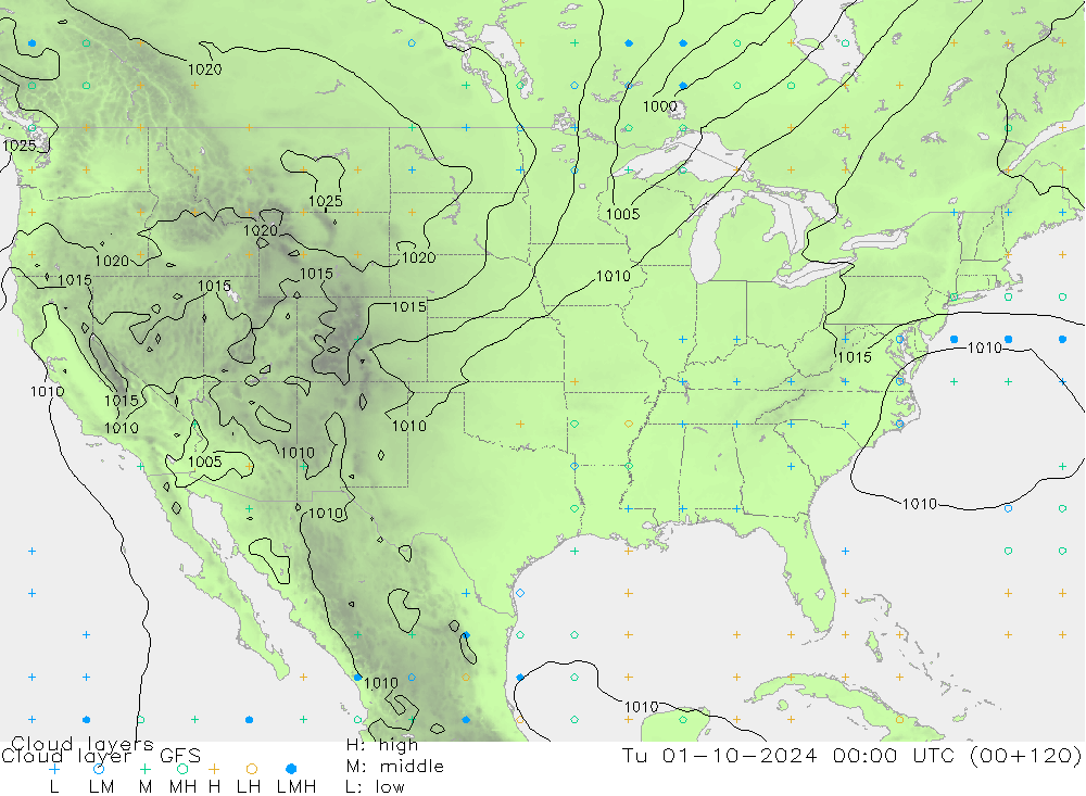 Cloud layer GFS  01.10.2024 00 UTC