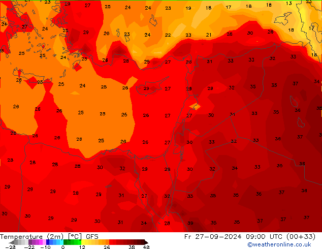 Temperature (2m) GFS Fr 27.09.2024 09 UTC