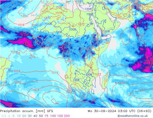 Précipitation accum. GFS lun 30.09.2024 03 UTC