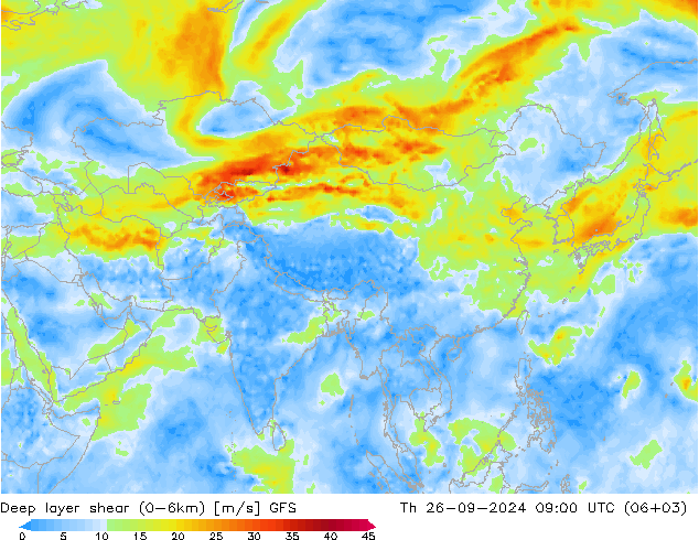 Deep layer shear (0-6km) GFS Čt 26.09.2024 09 UTC