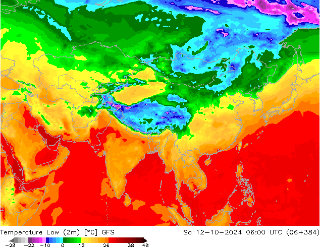 Nejnižší teplota (2m) GFS So 12.10.2024 06 UTC