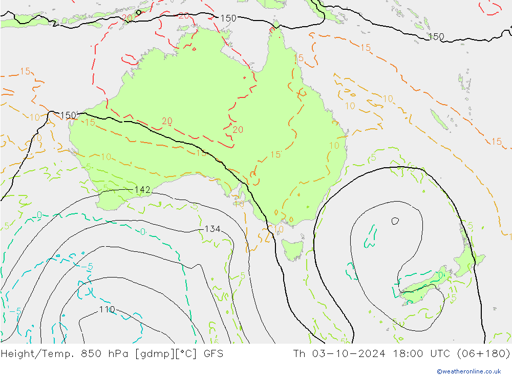 Height/Temp. 850 hPa GFS gio 03.10.2024 18 UTC