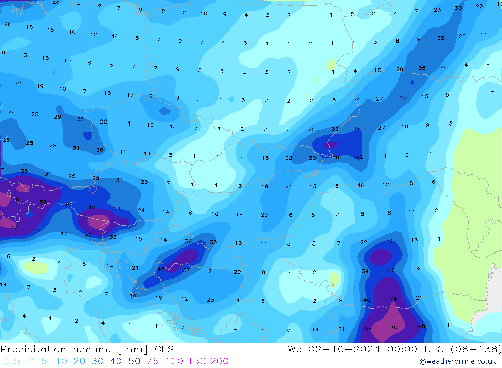 Precipitation accum. GFS We 02.10.2024 00 UTC