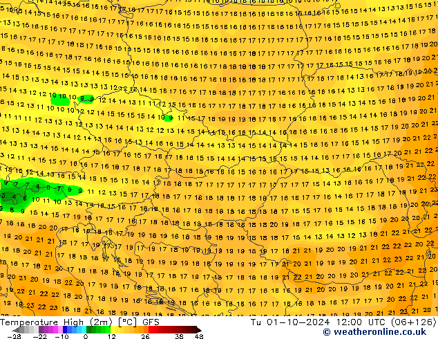 Max. Temperatura (2m) GFS wto. 01.10.2024 12 UTC