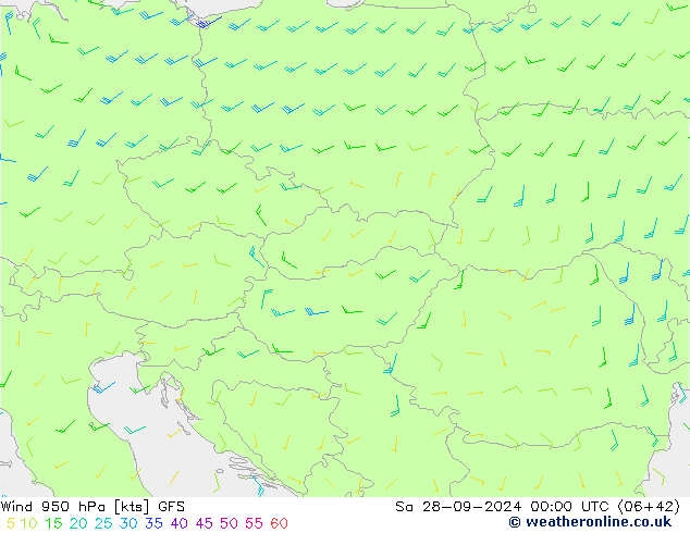 Vento 950 hPa GFS sab 28.09.2024 00 UTC