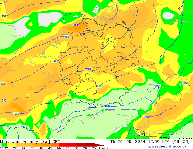 Max. wind velocity GFS jue 26.09.2024 12 UTC