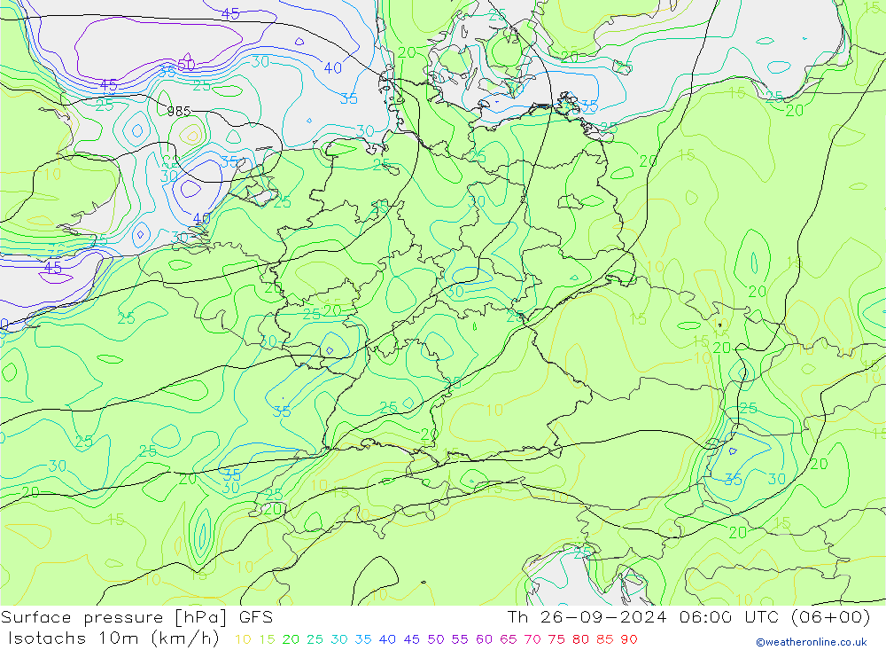 Isotachs (kph) GFS jeu 26.09.2024 06 UTC