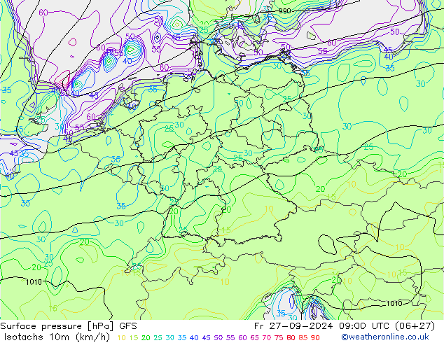 Izotacha (km/godz) GFS pt. 27.09.2024 09 UTC