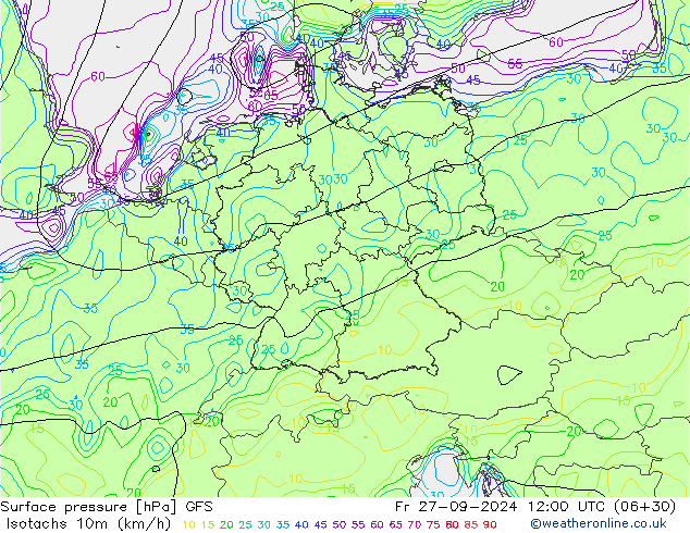 Isotachs (kph) GFS Fr 27.09.2024 12 UTC