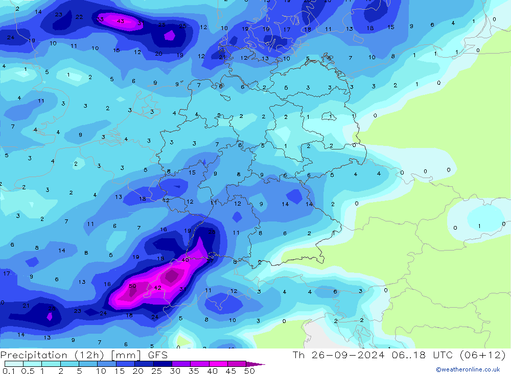 Precipitation (12h) GFS Th 26.09.2024 18 UTC