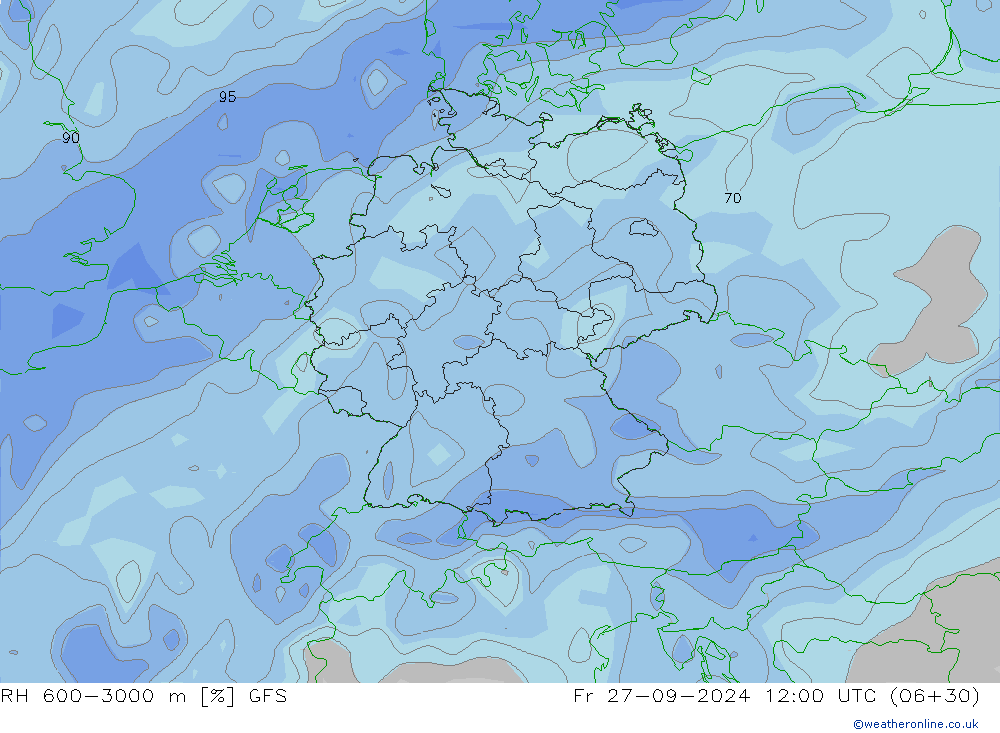 RH 600-3000 m GFS Pá 27.09.2024 12 UTC