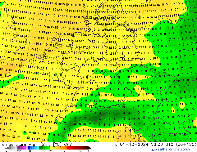 Nejvyšší teplota (2m) GFS Út 01.10.2024 06 UTC