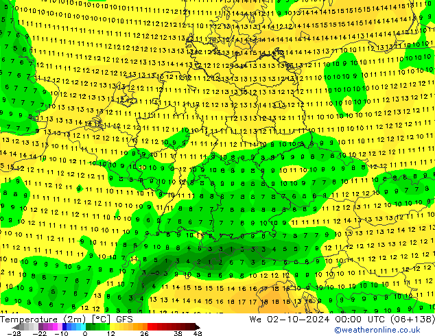 Temperature (2m) GFS We 02.10.2024 00 UTC