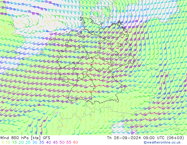 Vent 850 hPa GFS jeu 26.09.2024 09 UTC