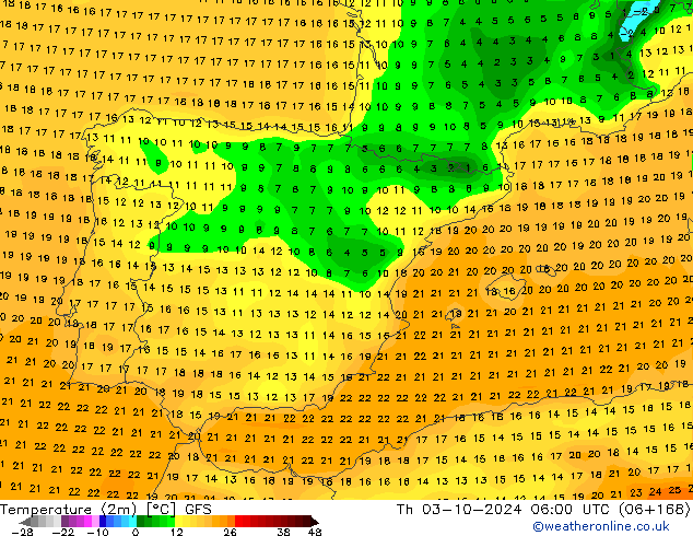 Temperature (2m) GFS Th 03.10.2024 06 UTC