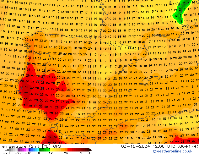 Temperature (2m) GFS Th 03.10.2024 12 UTC