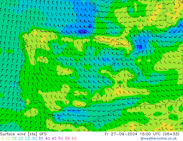 Wind 10 m GFS vr 27.09.2024 15 UTC