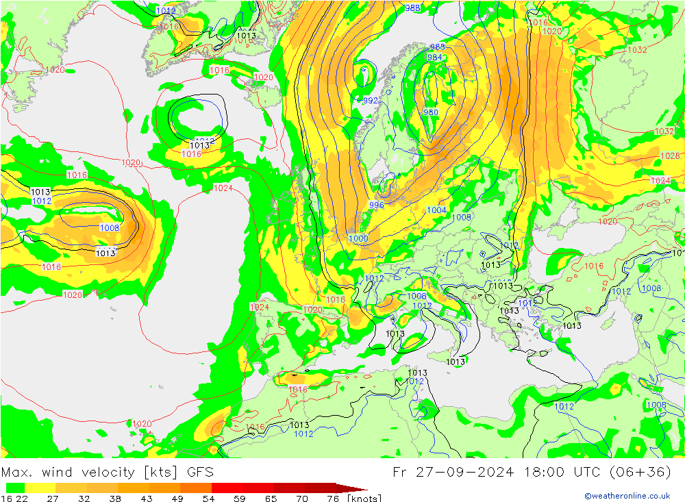 Max. wind snelheid GFS vr 27.09.2024 18 UTC