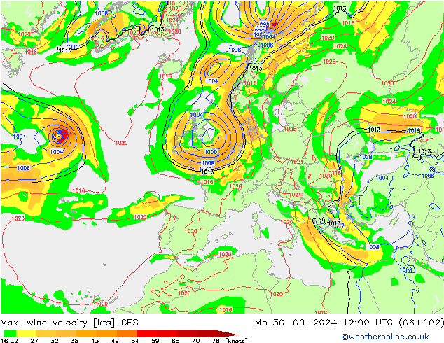 Max. wind velocity GFS Mo 30.09.2024 12 UTC