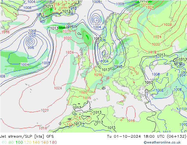 Jet stream/SLP GFS Tu 01.10.2024 18 UTC