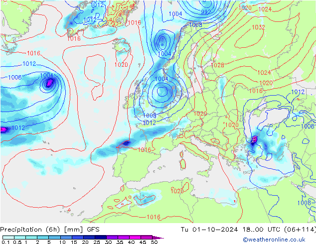 Precipitation (6h) GFS Tu 01.10.2024 00 UTC