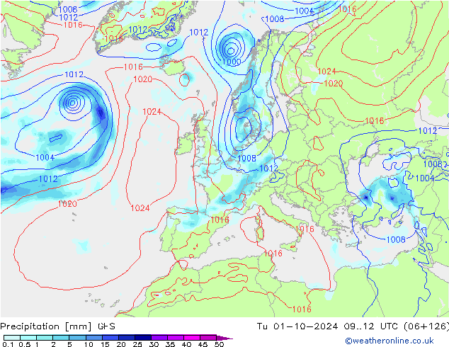 Précipitation GFS mar 01.10.2024 12 UTC