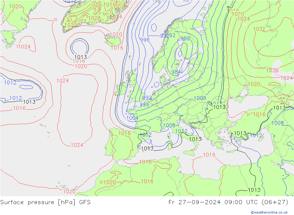 Presión superficial GFS vie 27.09.2024 09 UTC