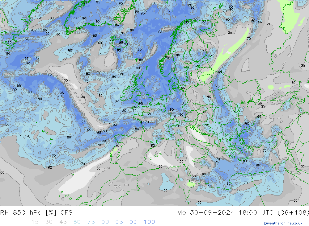 RH 850 hPa GFS Mo 30.09.2024 18 UTC