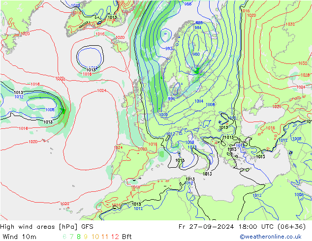 High wind areas GFS пт 27.09.2024 18 UTC