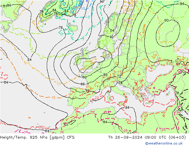 Height/Temp. 925 hPa GFS Čt 26.09.2024 09 UTC