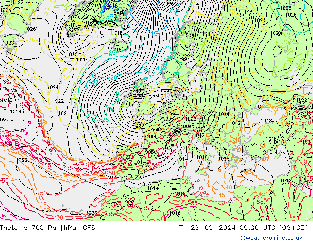 Theta-e 700hPa GFS jue 26.09.2024 09 UTC