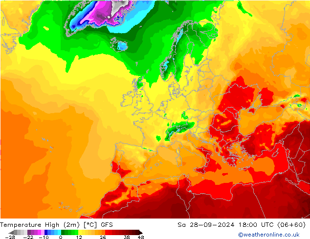 temperatura máx. (2m) GFS Sáb 28.09.2024 18 UTC