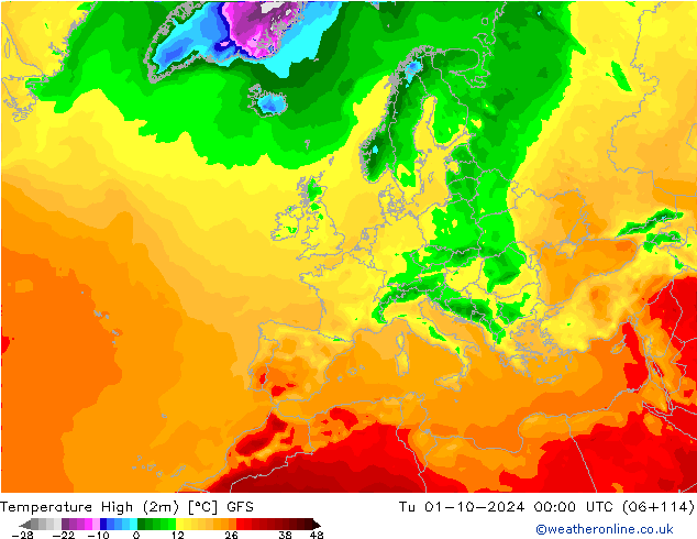 Temperature High (2m) GFS Tu 01.10.2024 00 UTC