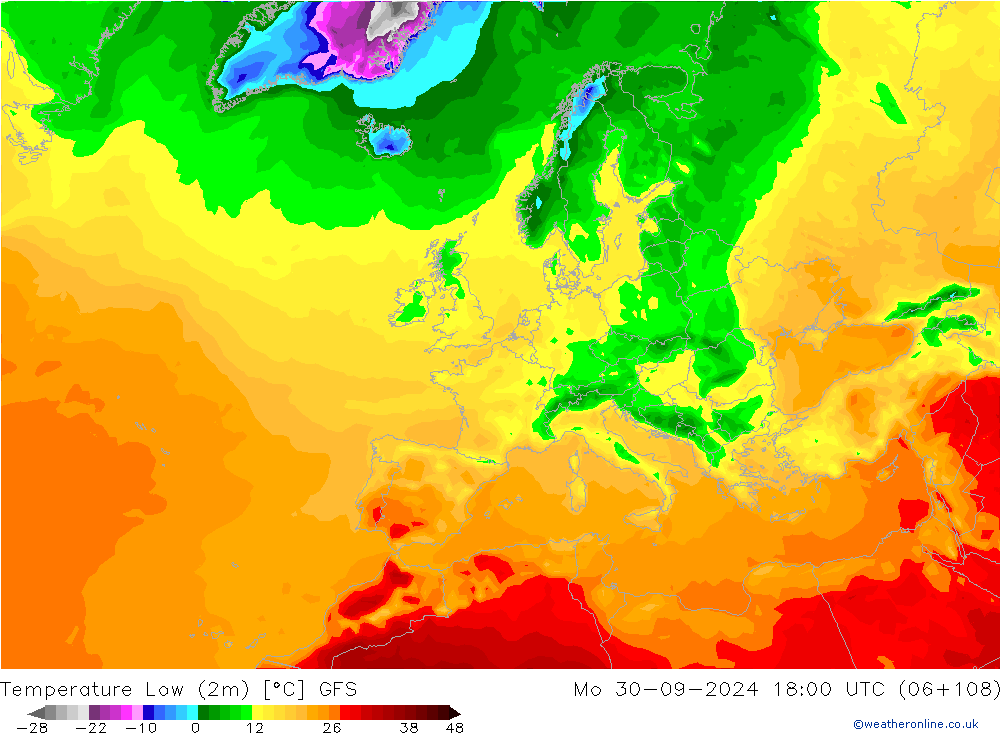 Temp. minima (2m) GFS lun 30.09.2024 18 UTC