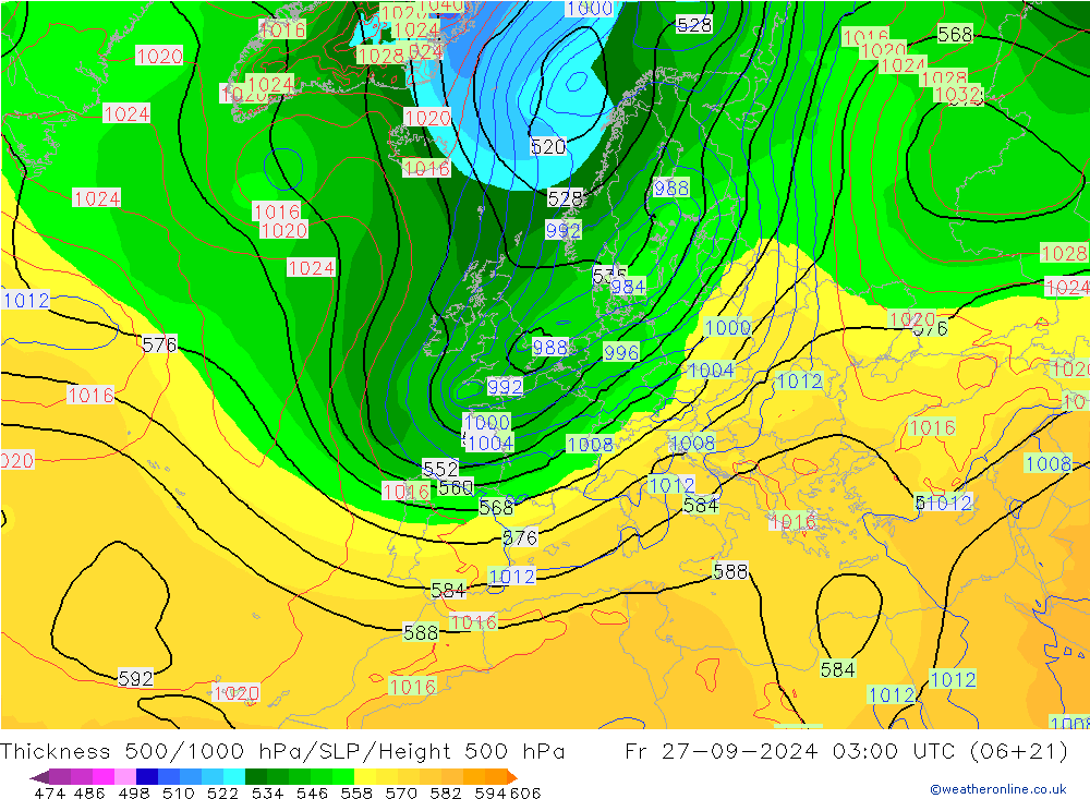 Thck 500-1000hPa GFS Fr 27.09.2024 03 UTC