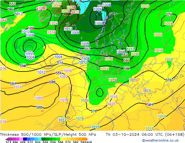 Espesor 500-1000 hPa GFS jue 03.10.2024 06 UTC