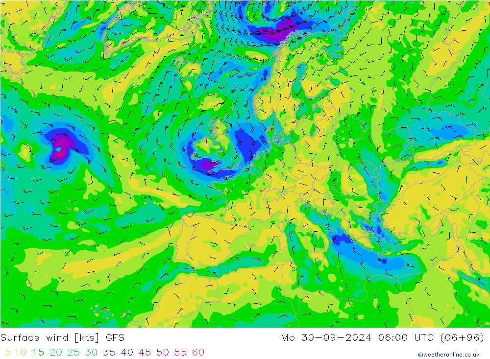 Surface wind GFS Po 30.09.2024 06 UTC