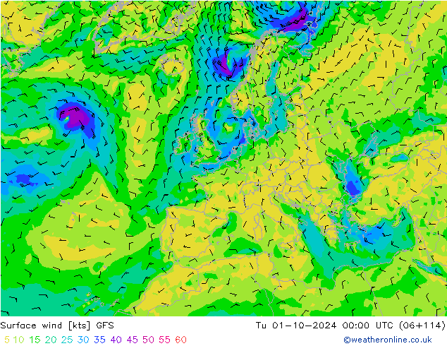 Surface wind GFS Út 01.10.2024 00 UTC