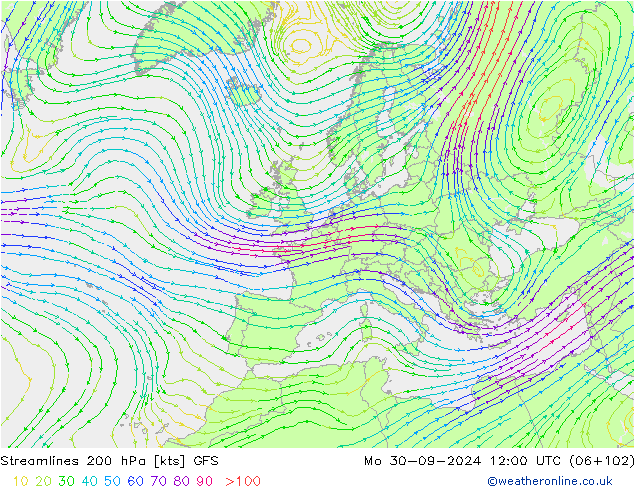 Linia prądu 200 hPa GFS pon. 30.09.2024 12 UTC