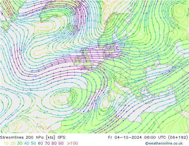 Linia prądu 200 hPa GFS pt. 04.10.2024 06 UTC